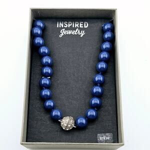 Navy Beaded Statement Necklace Round Silver Rhinestone Center Magnetic Clasp New